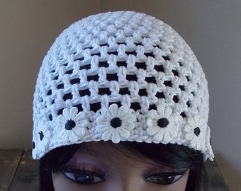 White Y2K daisy hat, crochet lace Juliette cap with white and black flower appliques sewn around the edge, cotton openwork hat