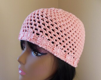 Pale pink Juliet cap, cotton crochet beanie with flower appliques on the edge, Y2K style hat