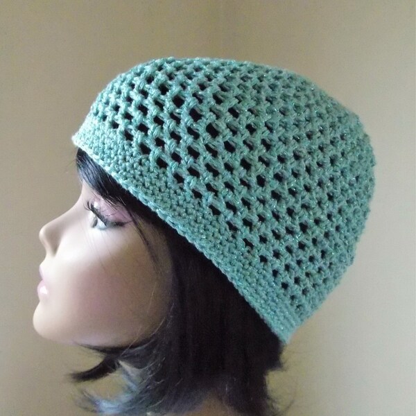 Sparkly aqua crochet beanie, poetess lacy hat, light blue glittery Juliette cap