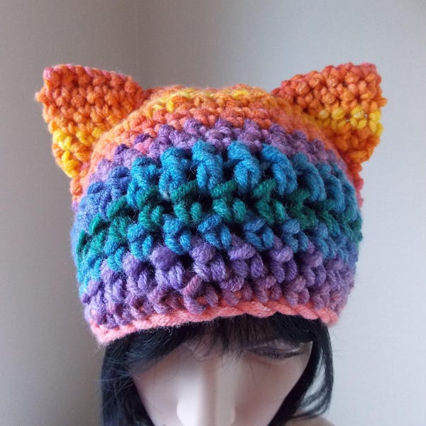 Crochet Rainbow Cat Hat, striped pussyhat