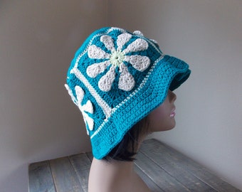 Teal floppy bucket hat with off white and lime daisies, crochet granny square hat, teen/adult size spring summer brimmed beanie