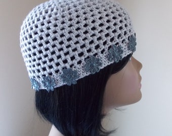 Gray Juliet cap, cloudy crochet beanie with daisies on the edge, Y2K style hat