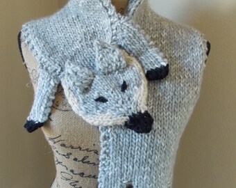 Fox Scarf, light gray and white fox hand knit from wool blend yarn