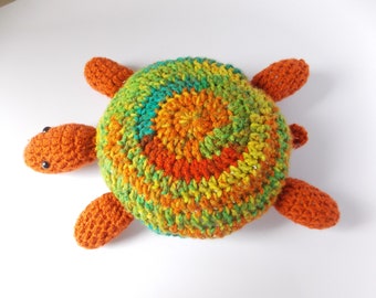 Crochet kitchen turtle mop, orange and green drip catcher tortoise