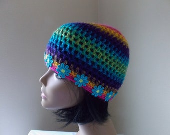 Rainbow daisy hippie hat, crochet lacy Juliet cap with blue flower appliques, flower rim beanie