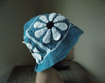 Denim blue floppy bucket hat with white and black daisies, crochet flower granny square beanie, teen/adult size summer head and face shade