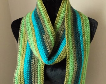 Long Green and Blue Scarf, crochet wrap around muffler, mcm color neck warmer
