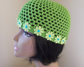 Green crochet daisy hat, cotton juliet cap, 90s style fashion
