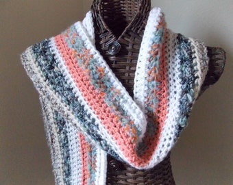 Striped scrap yarn crochet scarf, long wool and mohair blend winter shawl wrap, orange brown cream and gray unevenly striped stole
