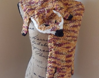 Knit fox scarf, caramel colored wool fox stole