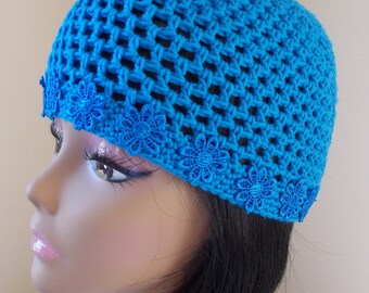 Blue Juliet cap, cotton crochet beanie with flower applique on the edge, azure cap, Y2K style hat