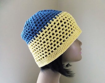 Blue and yellow beanie, crochet lace Juliette cap, color block two tone cotton openwork hat