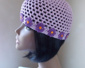 Crochet purple daisy hat, lavender Juliette cap, beanie with edge flowers, Y2K style hat