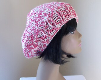 Hot pink beret, knit wool blend bubble gum pink hat, winter tam