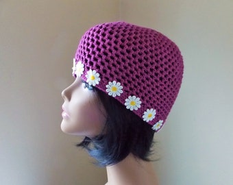 Blackberry purple crochet daisy hat, lacy wine colored beanie with flower appliques, Y2K style hat