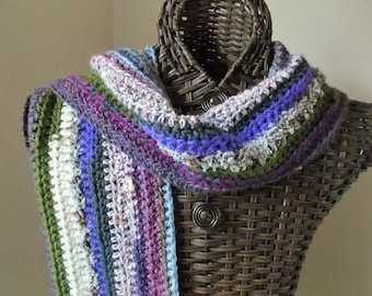 Purple scrap yarn crochet scarf, long wool blend winter shawl wrap, purple lavender green grey blue unevenly striped stole