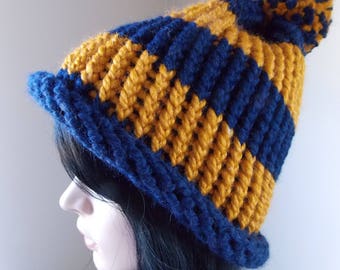 Blue and Gold Knit Hat, super chunky winter hat with hand made pom pom