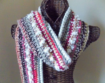 Scrap yarn scarf, peanut butter and jelly color crocheted muffler, raspberry pink brown grey white thick winter scarf
