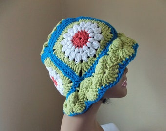 Granny square bucket hat, floppy crochet gerbera daisy sun bonnet, spring and summer cap