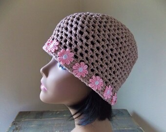 Daisy crochet hat, coffee color Juliet cap, lace spring hat, flower rim beanie