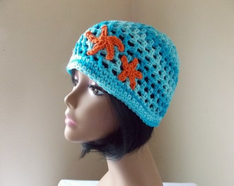 Crochet aqua blue beanie with sea star appliques, Juliet cap with starfish, women's crustaceancore hat