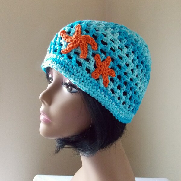 Crochet aqua blue beanie with sea star appliques, Juliet cap with starfish, women's crustaceancore hat