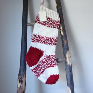 Red and white striped Christmas stocking, Scandi primitive style Santa sock, hand knit traditional stocking with wood name tag