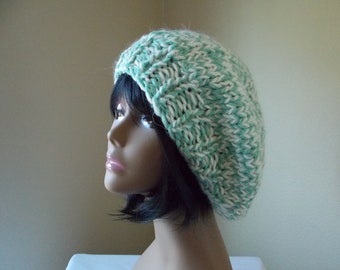 Women's wool knit beret, mint green and white chunky hat, winter wool slouchy hat, wintergreen tam