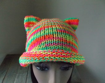 Neon colors beanie with cat ears, fluorescent knit kitty cat hat, rolled edege hat, glow party costume ears