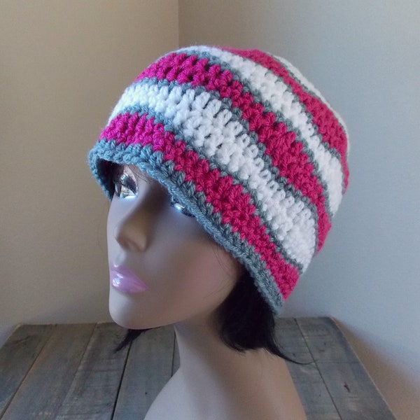 Crochet beanie, berry, white and grey wavy lines cap, women or teen size 90s style hat