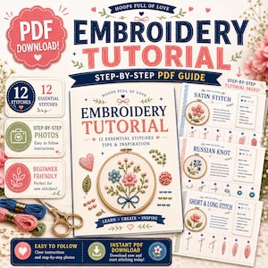 Könnte beinhalten: Ein Stick-Tutorial als PDF-Anleitung mit 12 grundlegenden Stichen, Tipps und Inspirationen. Das Cover zeigt ein florales Stickrahmen-Design. Enthalten sind Schritt-für-Schritt-Anleitungsseiten für verschiedene Sticktechniken.