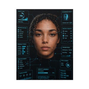 Pode incluir: Uma imagem digital composta apresentando um rosto sobreposto com contornos de peças de quebra-cabeça e painéis de dados azuis brilhantes. Os painéis exibem métricas como Identity Sync e Personality Profile, com o texto YOU ARE WHO WE SAY YOU ARE.