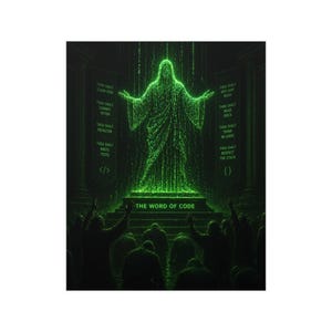 May include: A digital art print featuring a glowing green figure composed of cascading binary code standing on a pedestal labelled THE WORD OF CODE. Flanking the figure are banners with programming commandments like THOU SHALT CLEAN CODE.