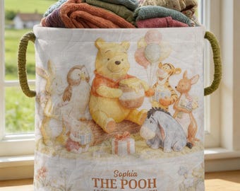 Cesta de lavandería acolchada personalizada de Winnie the Pooh, cesta de lavandería de Disney, regalo para fans de Disney, cesta de lavandería con nombre personalizado, cesta decorativa