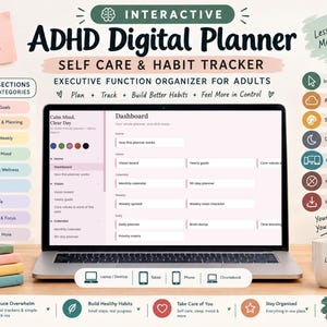 Könnte beinhalten: Ein Laptop zeigt ein interaktives, digitales ADHD-Planer-Dashboard mit Abschnitten für Visionen, Ziele, Kalender, Gewohnheiten, Stimmung, Gesundheit, Wellness, Finanzen, Privatleben und Projekte. Der Bildschirm zeigt Text wie "Calm Mind, Clear Day".