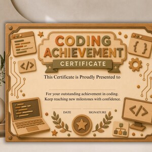 May include: A rectangular Coding Achievement Certificate with a beige background and brown border. It features 3D-style icons of laptops, code brackets, and gears. The text reads: Coding Achievement Certificate, This Certificate is Proudly Presented to, For your outstanding achievement in coding. Keep reaching new milestones with confidence.