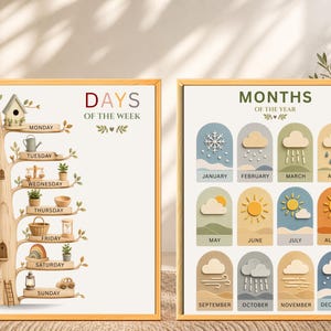 May include: Two framed educational posters with light wood frames. The left poster features a tree with branches labeled with the days of the week and small illustrations. The right poster displays the months of the year with weather icons.