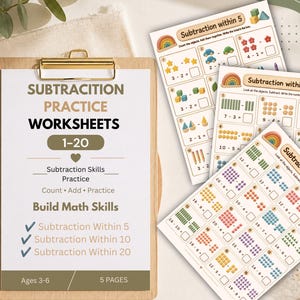 May include: A set of five subtraction practice worksheets for children ages 3-6, featuring math problems within 5, 10, and 20. The pages include colorful illustrations of rainbows, shapes, and objects to count, add, and practice basic math skills.