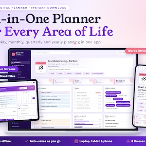 May include: A digital planner interface displayed on a laptop, tablet, and smartphone. The screen shows a dashboard with the text "All-in-One Planner for Every Area of Life," "Good morning, Jordan," and "Works Offline," featuring daily, weekly, and monthly planning sections.