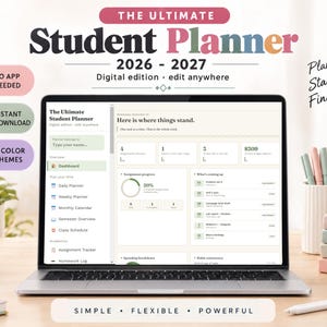 Puede incluir: Un planificador estudiantil digital para 2026-2027 mostrado en la pantalla de una computadora portátil. La interfaz muestra un panel con el progreso de tareas, desglose de gastos y seguimiento de hábitos. El texto incluye The Ultimate Student Planner, Plan gently. Start small. Finish proud. y Simple. Flexible. Powerful.