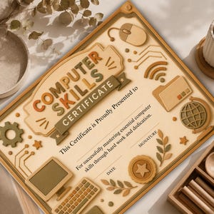 May include: A rectangular certificate titled Computer Skills Certificate in raised lettering. The design features icons of a computer, mouse, globe, and circuit lines in shades of beige, brown, and olive green. Text includes This Certificate is Proudly Presented to, For successfully mastering essential computer skills through hard work and dedication, Signature, and Date.