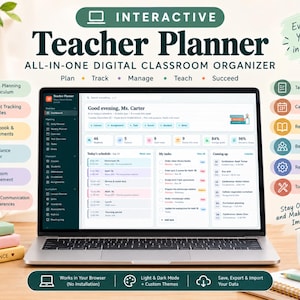 May include: An interactive digital teacher planner displayed on a laptop screen, featuring a dashboard with schedules, tasks, and classroom management tools. The interface includes text like "Good evening, Ms. Carter" and "All-in-one digital classroom organizer."