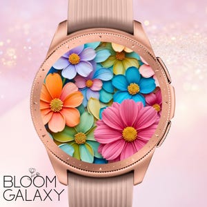 May include: Rose gold smartwatch with a floral design on the screen. The watch face displays a vibrant arrangement of colorful flowers, including pink, orange, blue, and purple. The text "BLOOM GALAXY" is at the bottom of the watch.