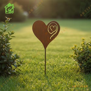 May include: A rust-colored metal garden stake featuring a heart-shaped top with a smaller, stylized heart cutout design. The flat, heart-shaped ornament is mounted on a thin, straight metal rod, creating a decorative accent for outdoor spaces.