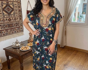 Kabyle-Hauskleid – Traditionelle algerische Jeba, leichter Blumenkaftan, Boho-Kleid | Berber-Hochzeitskleid für Damen