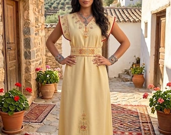 Langes Kabylenkleid, handbesticktes, farbenfrohes algerisches Berber-Kaftan im Boho-Hippie-Stil, traditionelles Damenkleid, Hochzeitskleid