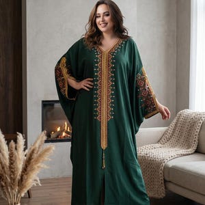 Lång kabylisk klänning, handbroderad berberisk algerisk etnisk kaftan, boho hippie traditionell klädsel, damkläder, brudklänning