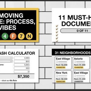 May include: A digital guide featuring four sections: NYC Moving Guide: Process, Not Vibes with subway icons, 11 Must-Have Documents checklist, Day 1 Cash Calculator with financial fields totaling $7,350, and 31 Neighborhoods Filtered with rent listings.