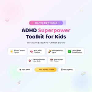 Pode incluir: Gráfico de download digital com o texto "ADHD Superpower Toolkit for Kids". A imagem inclui ícones para um planejador de rotina matinal, um modelo de descarte cerebral, cartões de estratégia de enfrentamento, um quadro de tarefas, etc.