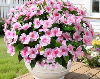 Flores artificiales de impatiens, de seda sintética, resistentes a los rayos UV, ramos decorativos.